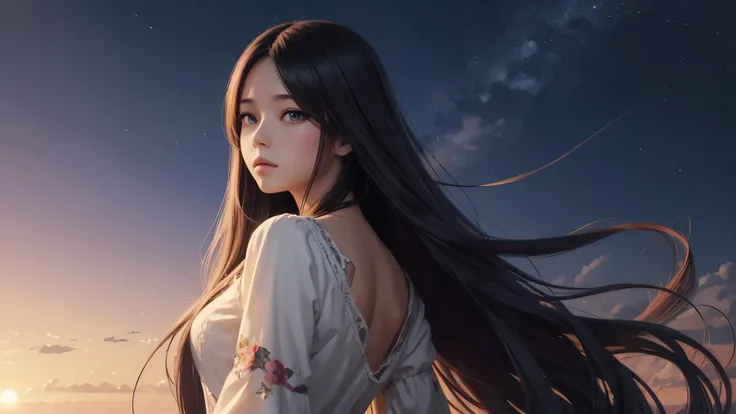 Distant view, Full-Length Shot of  a girl with long hair , Realistic, Guviz-style artwork, lovely digital painting, beautiful digital painting, adorable digital art, Gorgeous digital painting, A beautiful artwork illustration, Beautiful digital artwork, ma...