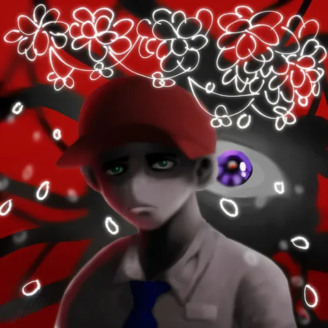 Man, green eyes with red cap, uniform worker, black figure with purple eye 