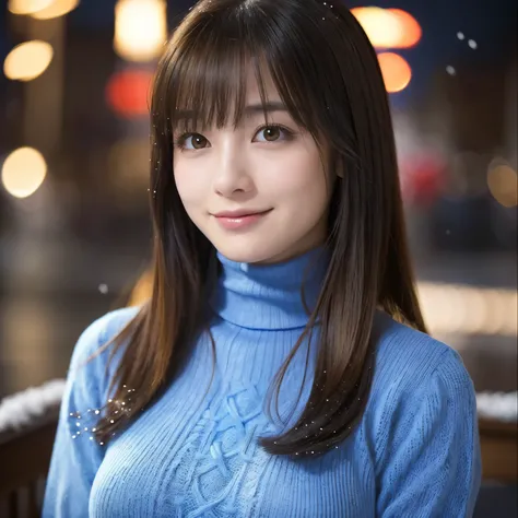 (highest quality、table top、8K、best image quality、Award-winning work、ultra high resolution)、1 girl、(Blue Turtleneck Knit:1.3)、epic movie lighting、very moody and romantic lighting、(It&#39;s snowing:1.1)、(Norwegian snowy city at night:1.1)、Glittering night vi...