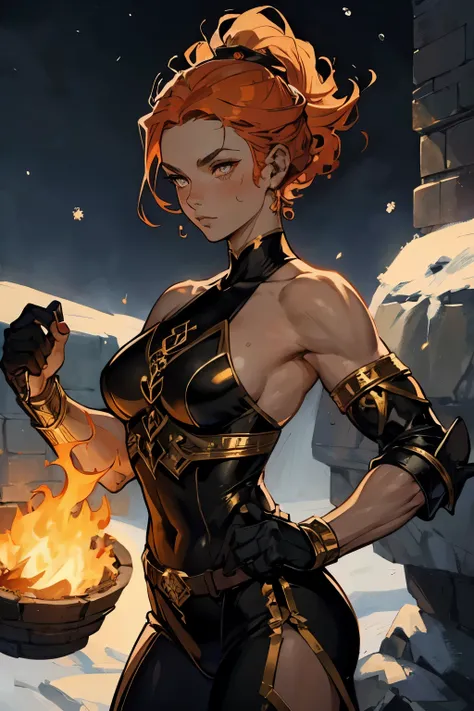 Homunculus, 1 girl, snow white skin, athletic, muscles, Ready for Battle, fiery eyes, fire hair, updo, Open shoulders, metal clothing, light armor, bronze ((fantasy))