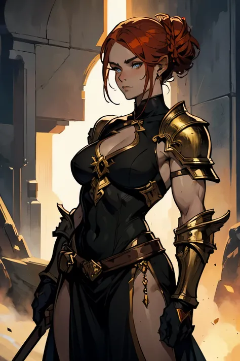 Homunculus, 1 girl, snow white skin, athletic, muscles, Ready for Battle, fiery eyes, fire hair, updo, Open shoulders, metal clothing, light armor, bronze ((fantasy))