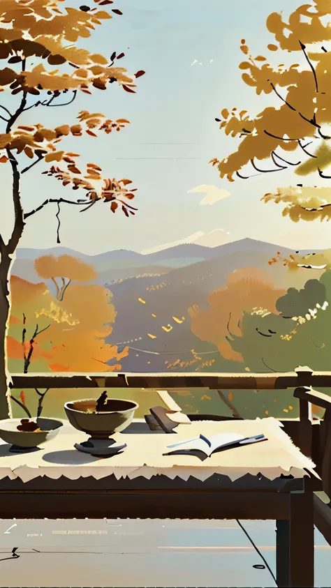 close shot，There was an open book on the table，Maple leaves fall on the book，Sunlight，（Minimalism，simple，Succinct），no one--v6，Hand drawn illustration，wallpaper，light and shadow，flat illustration， Inspired by Wu Guanzhong, Official illustration