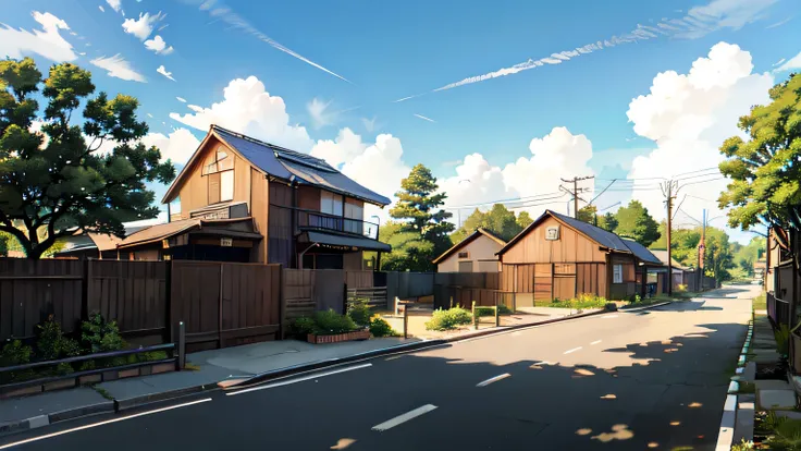 (Japanese city landscape), (Hayao Miyazaki style), Cartoon, Japanese townhouse, (Rarely home), road, He twists, small house, tree, nothing, white cloud, Tranquil landscapes, outside, green trees, Epic composition, Realistic lighting, High definition detail...