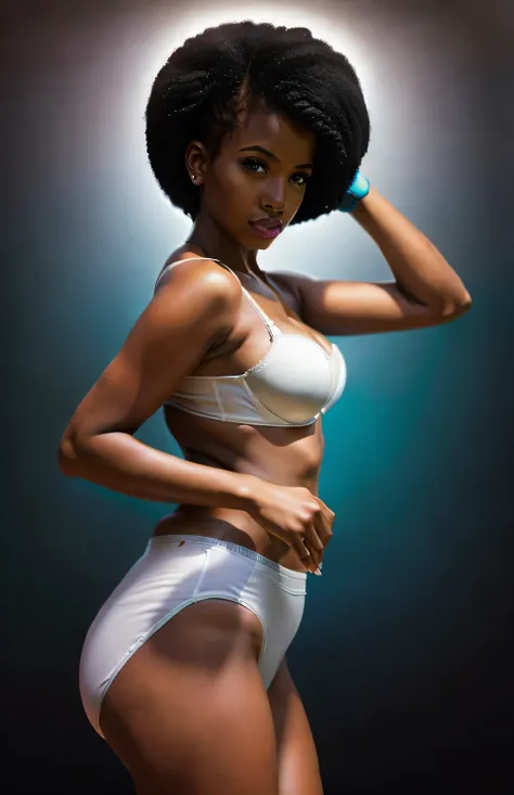 ((((masterpiece, best quality)))), ((33 year old)), (((Curvy))), ((Black woman with black afro)), in ((white bra)), ((white high cut fullback panties)), ((Large Hips)), ((Standing in a cluttered bathroom)), (((comic book art style)))