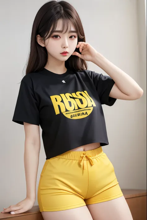 Beautiful, 1girl, korea, small breast, oversize crop tshirt, yellow shortpants