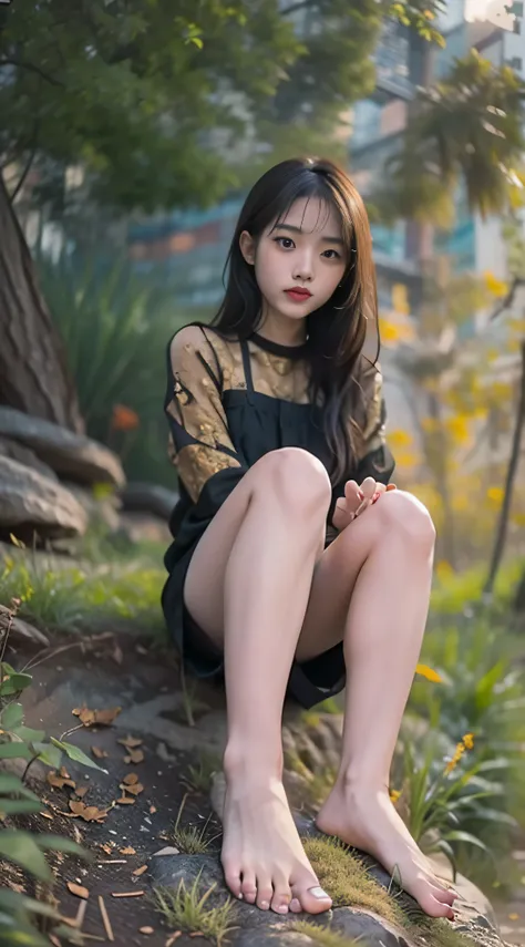 Comfortable and warm photos，Asian girl，manhood: 25 years old, สาวชาวบ้านโชว์ฝีfoot，foot_focus，Wear black shorts，photos of green space，sitting on weeds，ยกfootขึ้น，การเดินfootเปล่า，นิ้วfoot，ฝ่าfoot，Long legs，bend her knees，Spread your legs out.，The compositi...