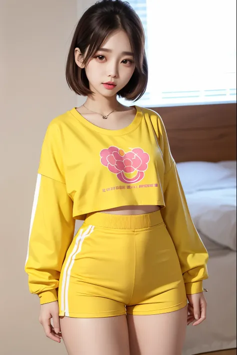 Beautiful, 1girl, korea, small breast, oversize crop tshirt, yellow shortpants