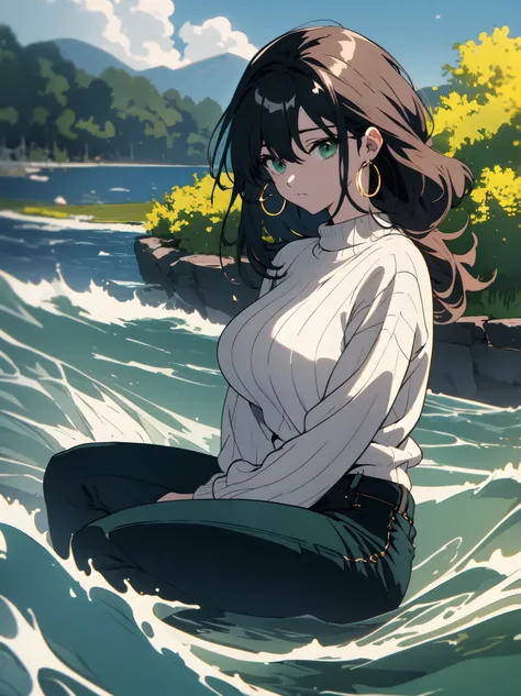 (masterpiece:1.2, highest quality), 1 female, alone, Upper body, big breasts, dark wash skinny jeans, oversized sweater, ankle boots, Gentle waves, Central Department, simple hoop earrings, green park、beautiful anime