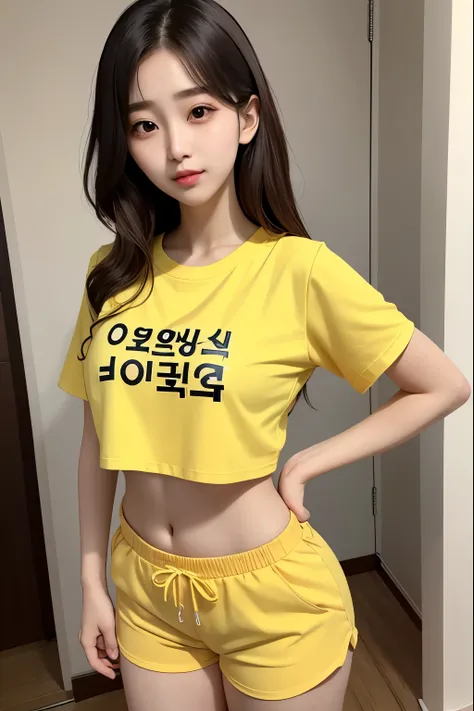 Beautiful, 1girl, korea, small breast, oversize crop tshirt, yellow shortpants