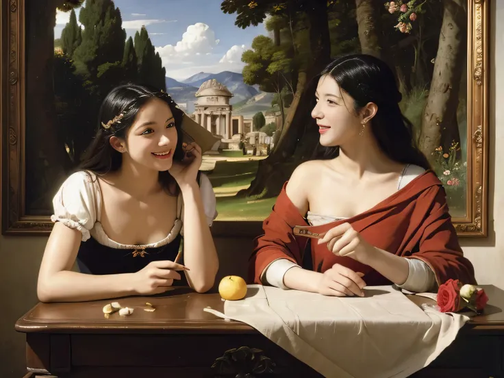 Giorgione painting style,Arguments of two female Philosophe,math、astronomical machine、astronaut、roses in vase、fruits、Cute trinkets、smile、ancient greek costume、Ancient Roman landscape in the style of Nicolas Poussin,laughter,,Sweet and seductive appearance....