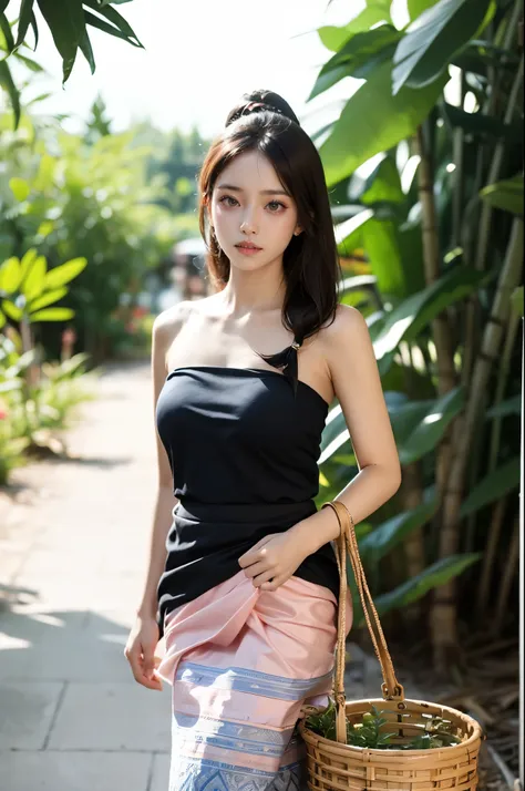 (masterpiece, best quality:1.2),1girl, bag, bamboo, bare shoulders, basket, black hair, blurry, blurry background, blurry foregr...