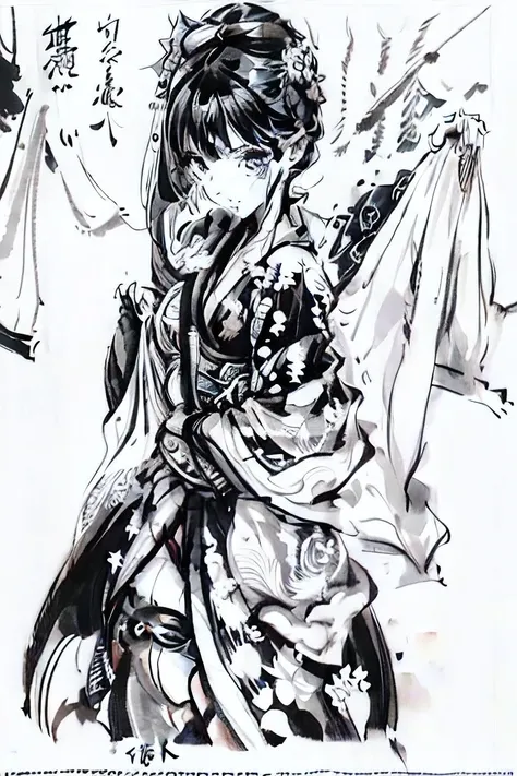 One wearing a kimono、drawing of woman holding sword, Ink caricature, Black and white comics style, Inspired by Sumi Morikage, psychedelic comics, Black and white comics page, comic scan, comic style, Black and white comics panel, comic illustration, Black ...