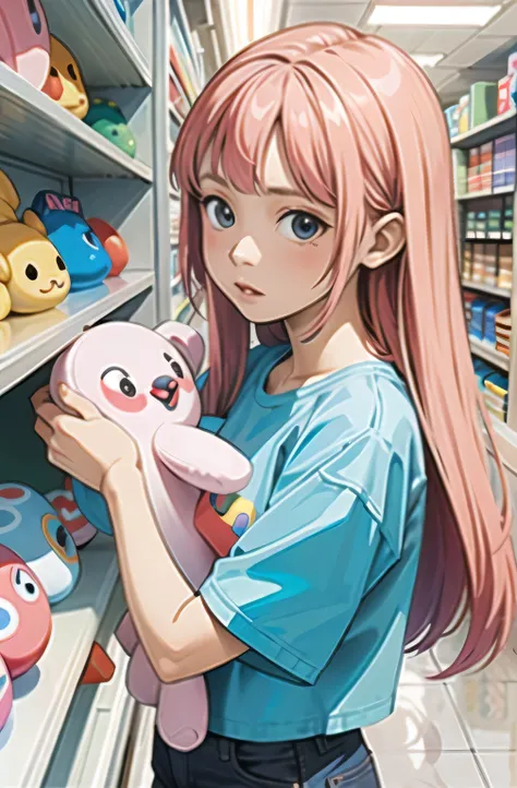 (masterpiece, Best quality), (colorful:1.4), higher, One, 1 girl stands in a store with many soft toys on the shelves, depth of field,Full head,T-shirt with pinkie,Cute, arcade store