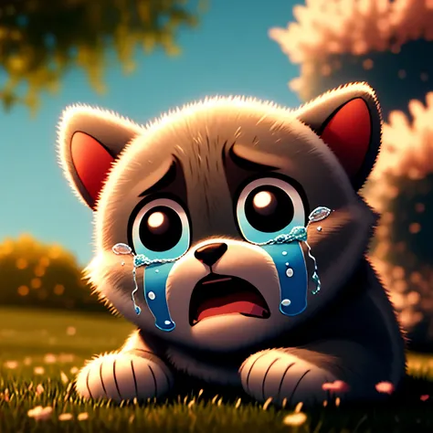 crying puppy，Pixar style，super clear，many details，grassland，Sunlight，hair，masterpiece