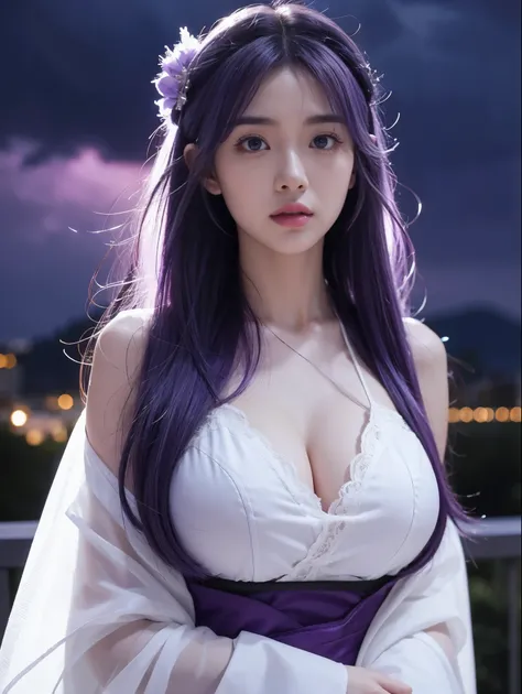 highest quality, masterpiece, high detail, Reflect light realistically, 1 girl, Upper body, General Raiden, (ulzzang-6500-v1.1:0.5), big breasts, perfect face, clear eyes, hairy, purple hair, hair accessories, Lightning sky, night sky, Ancient building in ...