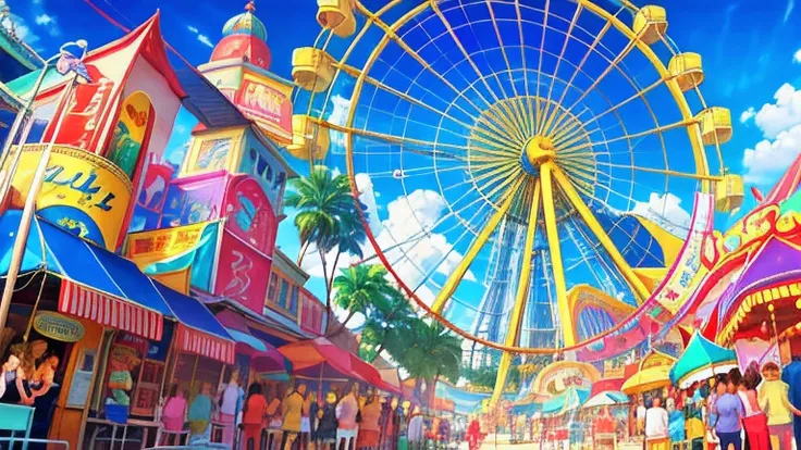 a carnival in the bright sunshine with blue skys, vibrant colors and bananas, ferris wheels and arcade games