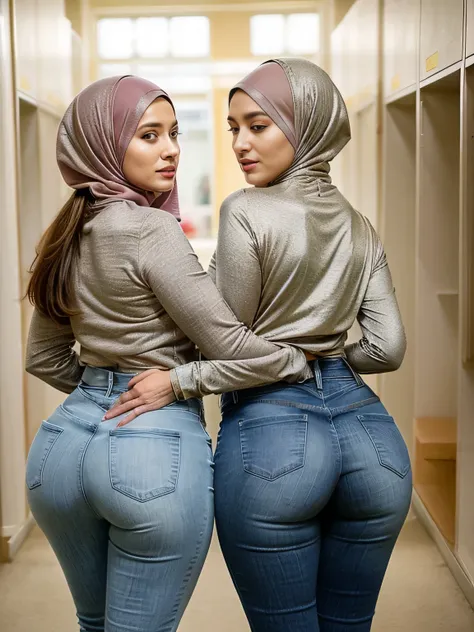 (view from behind), ((view from above)), (birds eye perspective), (In the serene and private locker room, two hourglass figure glamourous female Muslim teachers stood bend over side by side presenting their ass to viewer), enveloped in a warm and heartfelt...