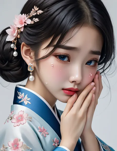 （beautiful face of crying chinese girl covering her face with handkerchief）, （with many, many tears in her eyes：1.3），（watery eye...