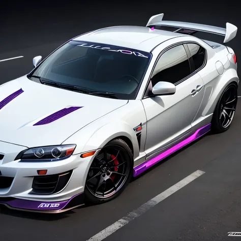 Mazda RX-8 with Purple colour, and white neon lamp, with spoiler in the back, With body kit, cool design, realistic, great design