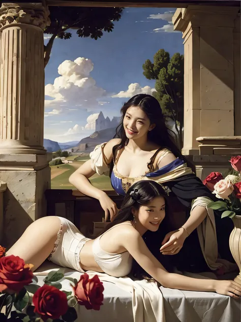 Giorgione painting style,Arguments of two female Philosophe,math、astronomical machine、astronaut、roses in vase、fruits、Cute trinkets、smile、ancient greek costume、Ancient Roman landscape in the style of Nicolas Poussin,laughter,,Sweet and seductive appearance....