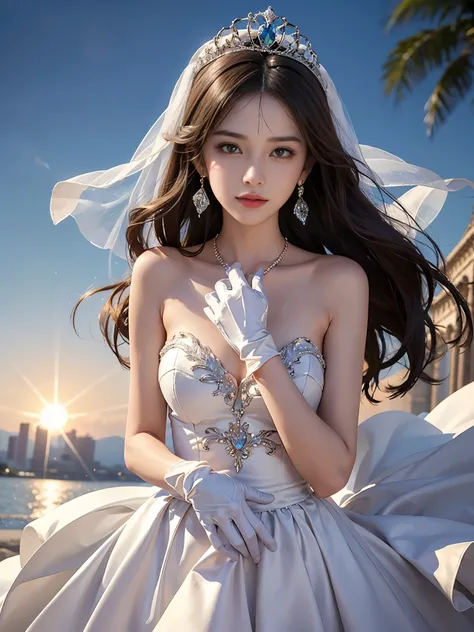 1 girl, Very pretty, yak, cute teen, shiny lips, thin collarbone, sweet, sun glare, Conservative attire, Beaded bell-line wedding dress, bridal tiara,white gloves, depth of field, blurred background, Cathedral Background, light particles, strong wind, head...