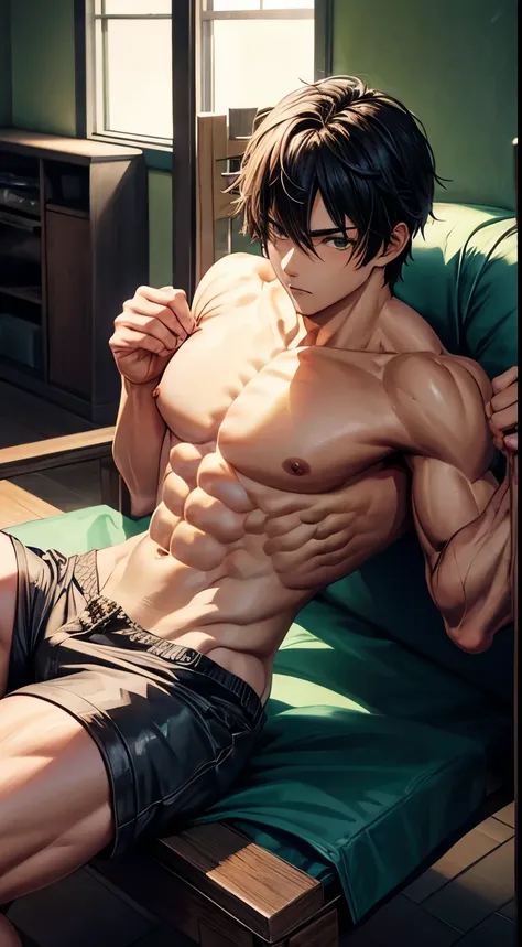 Anime shirtless guy Strong chest, Hands, press, legs with black hair and green eyes