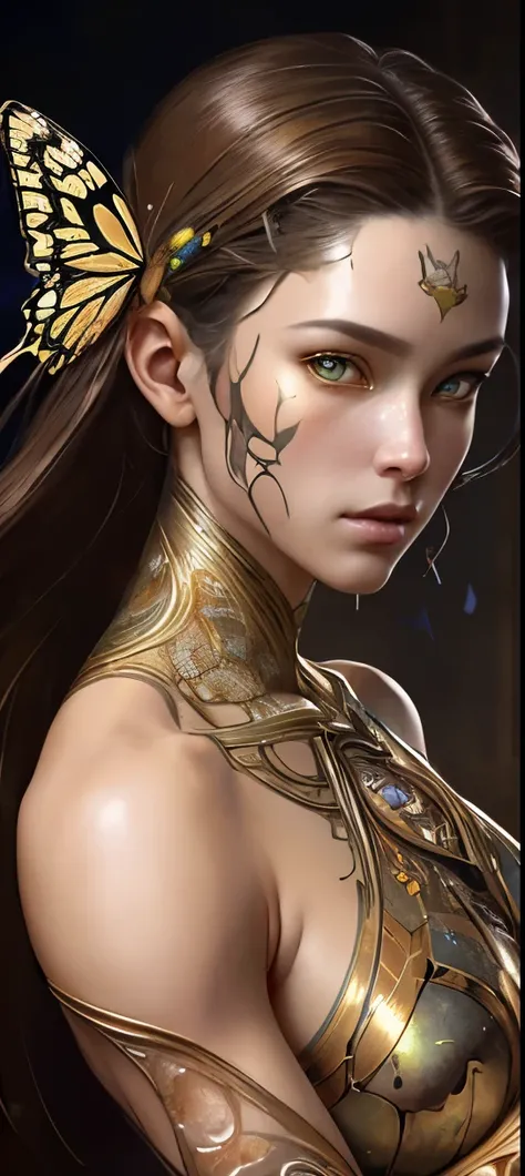 8k portrait of beautiful cyborg with brown hair, intricate, elegant, highly detailed, majestic, digital photography, art by artgerm and ruan jia and greg rutkowski surreal painting gold butterfly filigree, broken glass, (masterpiece, sidelighting, finely d...