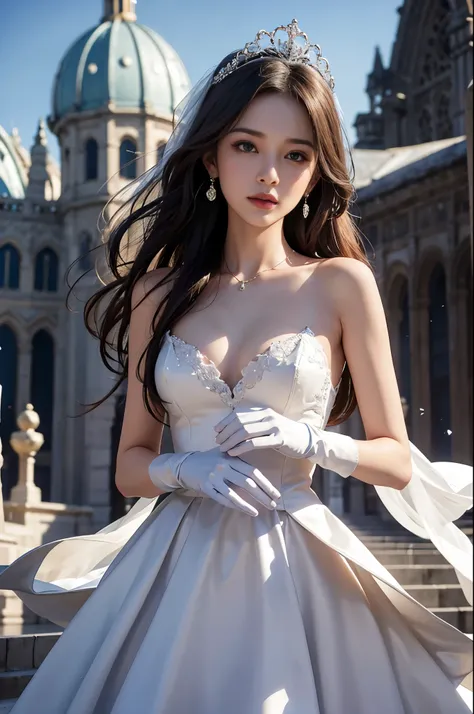 best quality, masterpiece, 1 girl, yak, cute teen,shiny lips, thin collarbone, medium chest, sweet, sun glare, Conservative attire, bell line wedding dress, bridal tiara, white gloves, depth of field, blurred background, Cathedral Background, light particl...