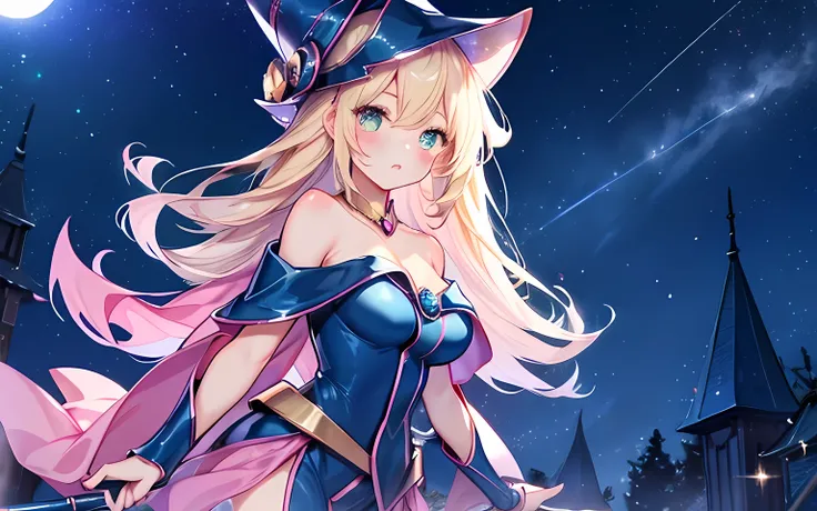 girl、cute、beautiful anime、dress、witch、starry sky、night sky、illuminated by moonlight、sexy look, stare、necklace、necklace、glittering costumes