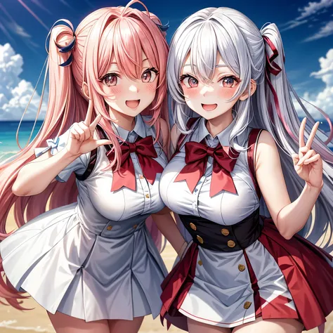 masterpiece (1.2), two lovely long-haired girls, radiant with life and spirit, heart-shaped eyes filled with blush, white background, cute and playful, open their mouths slightly, forming peace signs, giving each other warm hugs, wearing kamba uniforms wit...