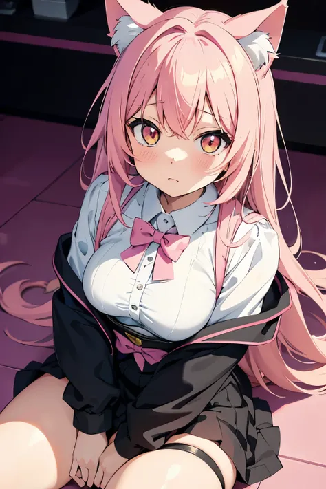 anime girl with pink hair and pink bows sitting on a black stool, anime moe artstyle, cute anime girl, an anime girl, guweiz, anime girl, cute anime catgirl, anime visual of a cute girl, demon anime girl, anime girl with cat ears, young anime girl, lolish,...