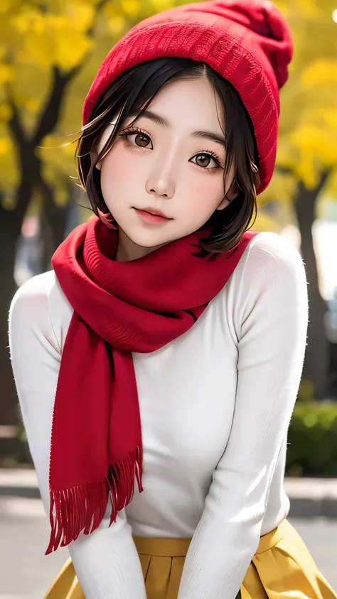 table top:1.2, high quality, 最high quality, High resolution, surreal, with a girl, short bob，hair is dirty, light gray eyes,infinitely clear eyes，16 years old，high neck inner，red knit hat，Scarf，long skirt，Are standing，head tilt, outdoor，autumn park:1.5，blu...