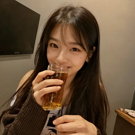 Highest image quality,selfie,drinking beer,glass,cheers,slender,long sleeve,