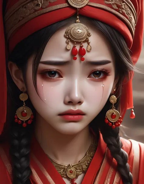 in style of Mali Empire, （The girl&#39;s eyes were filled with tears），Mourning，Wronged，Chu Chu pitiful，（A big teardrop），Eye circles red from crying， portrait, beautiful detailed