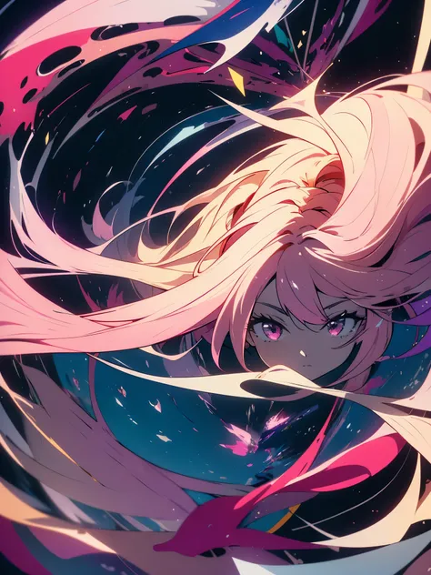 ((masterpiece:1.2, highest quality)), super detailed, Super precise depiction, Super detailed depiction, (tangled:1.2), (dynamic pose), (abstract background:1.5), long wavy hair, pink hair, 1 girl, colorful, portrait, (From above:1.2)、(beautiful anime)