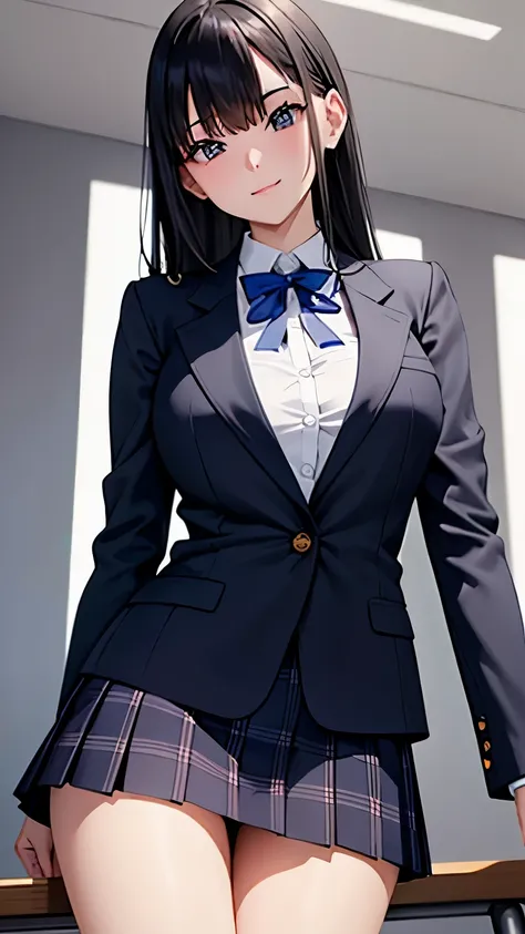 photo of sexy 1girl, tall,leggy,smile,standing in neat rows, in the school gymnasium, wearing NAVY Blazer , long sleeve, WHITE shirt, shiny blue ribbon,pleated tartan_check_mini_skirt, beautiful eyes, shiny black hair,BLACK short socks, full body shot, clo...