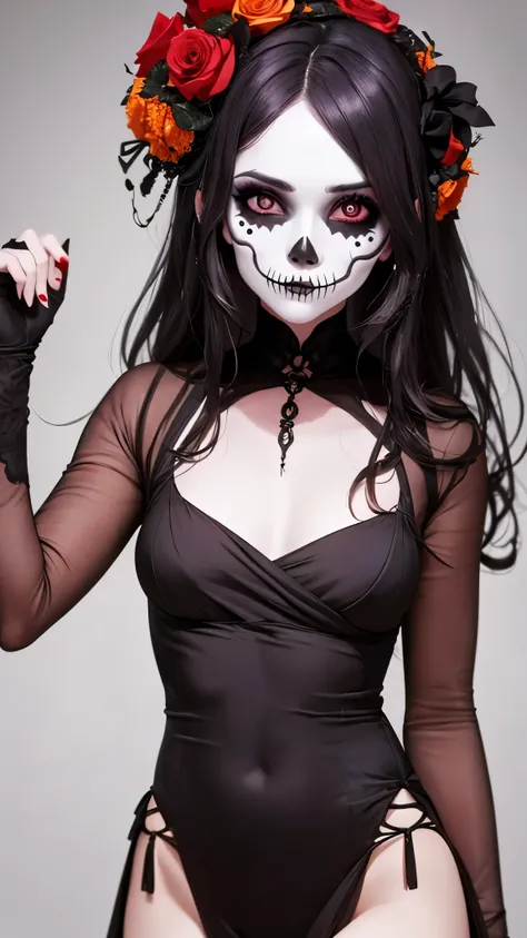 cute girl Halloween cosplay, day of the dead outfit, Halloween face makeup, (detailed skull face makeup:1), wreath of roses on the head, Mexican dress, beautiful death makeup, (vibrant colors:0.9), dark and mysterious lighting, (high contrast:1.1)