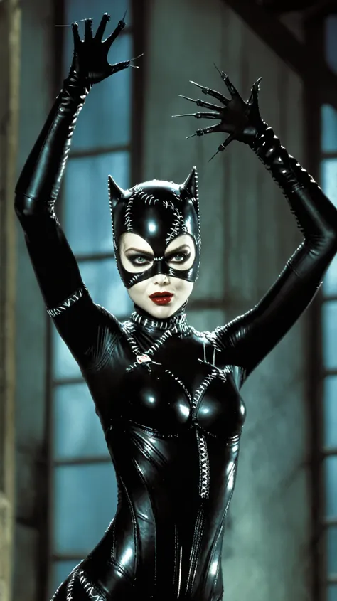 cinematic film still of  catwoman a  seduce face woman in a catwoman costume is being held up by a man tim burton style,1girl,lo...