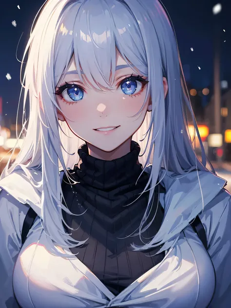 (highest quality、table top、8K、best image quality、Award-winning work、ultra high resolution)、1 girl、(Blue Turtleneck Knit:1.3)、epic movie lighting、very moody and romantic lighting、(that&#39;that&#39;It&#39;s snowing:1.1)、(Night city covered in snow in Norway...