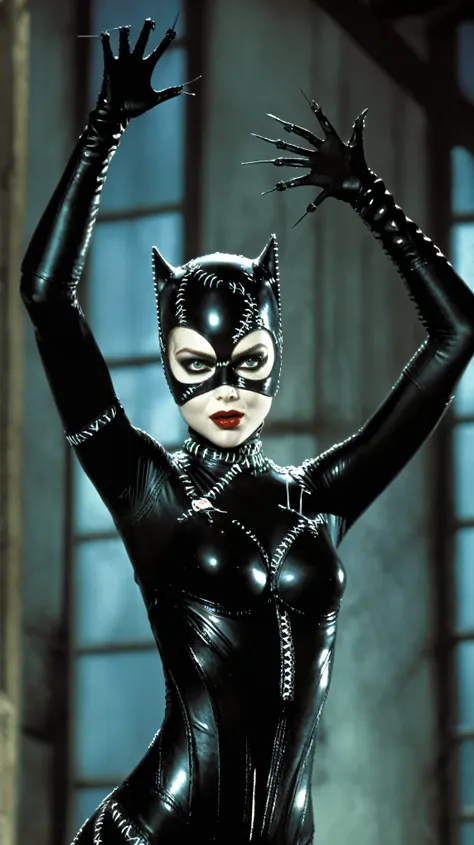 catwoman movie stills seductive face woman a woman in a catwoman costume is carried by a man, tim burton style.,1 girl,look at v...