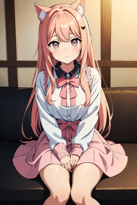 anime girl with pink hair and pink bows sitting on a black stool, anime moe artstyle, cute anime girl, an anime girl, guweiz, anime girl, cute anime catgirl, anime visual of a cute girl, demon anime girl, anime girl with cat ears, young anime girl, lolish,...