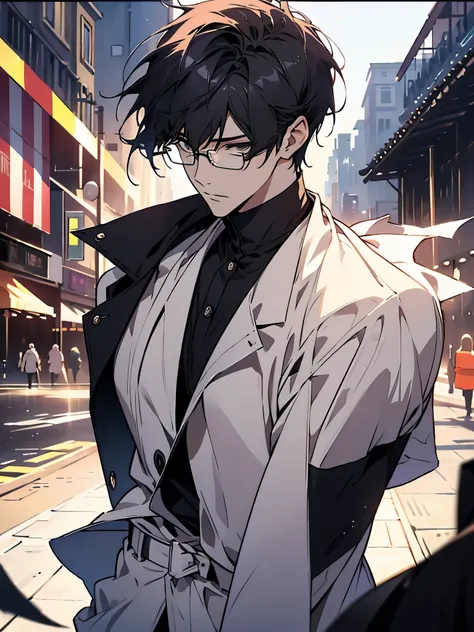 （highest quality、masterpiece、High resolution、8K、be familiar with）、（shining eyes）、（Cool young man、good looking）、（black rim glasses）Mingnan、From Kira、beautiful anime、city、dynamic angle