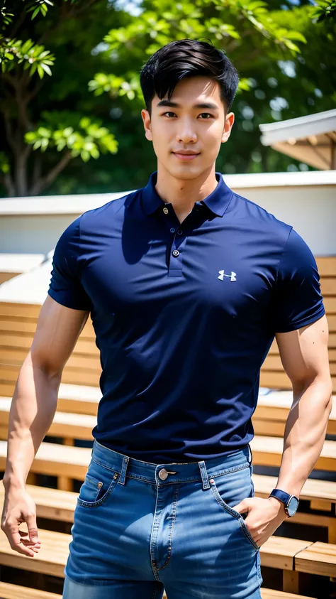 1 man, smile, (wearing a navy polo shirt, round neck, short sleeve shirt ยี่ห้อ under armor), Jeans, Korean guy , korean men, (High gloss details), chest muscles, Big arm muscles, blood vessel, big muscles, Broad shoulders, looking at the audience, Balanci...