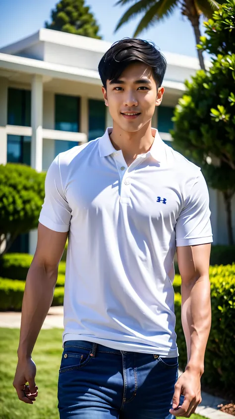 1 man, smile, (wearing a navy polo shirt, round neck, short sleeve shirt ยี่ห้อ under armor), jeans, korean guy , korean men, (h...