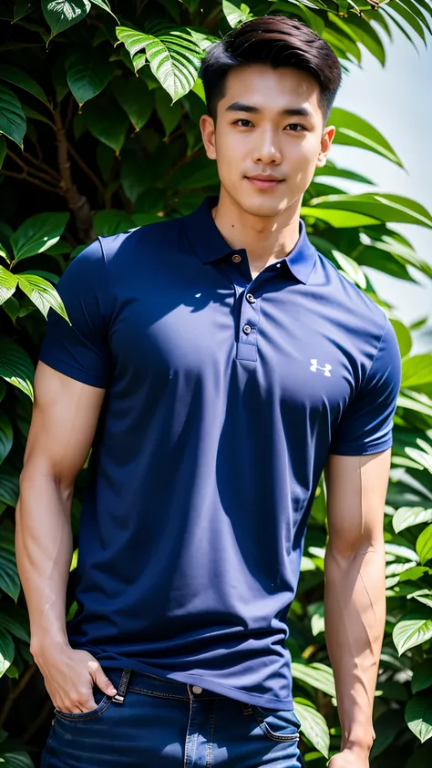 1 man, smile, (wearing a navy polo shirt, round neck, short sleeve shirt ยี่ห้อ under armor), jeans, korean guy , korean men, (h...