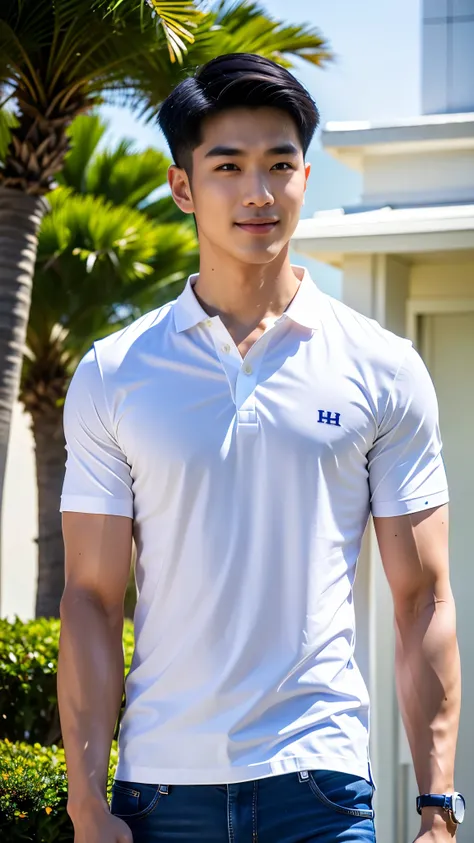 1 man, smile, (wearing a navy polo shirt, round neck, short sleeve shirt ยี่ห้อ under armor), jeans, korean guy , korean men, (h...