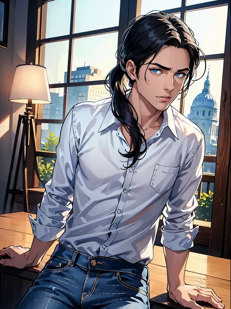 (best quality:1.4),masterpiece,ultra-detailed,delicate features,delicate skin,realism,beautiful lighting,cowboy shot,1man,black hair, pony tail,blue eyes ,tareme,long hair,white skin, white shirt, jeans