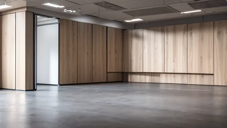 surreal scene，4K，Bright activity room in school，empty room，There are no tables or chairs on the floor，Wood color style，Cabinets on the back wall，Has a large display，The camera is positioned higher in the corner，diagonal perspective，Ultra wide angle focal l...