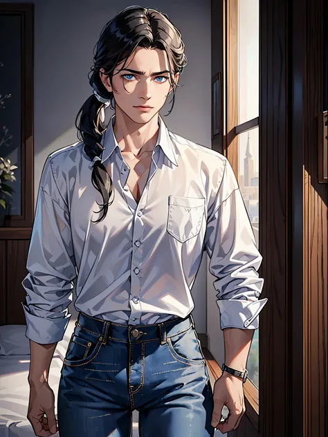 (best quality:1.4),masterpiece,ultra-detailed,delicate features,delicate skin,realism,beautiful lighting,cowboy shot,1man,black hair, pony tail,blue eyes ,tareme,long hair,white skin, white shirt, jeans