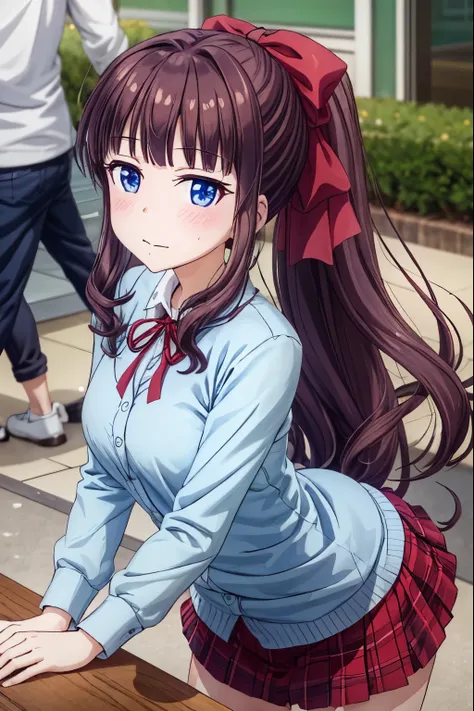 hifumi mitokimoto、hifumi takimoto、long hair,closed mouth、blush、bangs、blue eyes、ponytail、purple hair、髪のbow、bow、break skirt、shirt、...